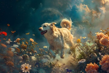 Beautiful dog running through the flowers