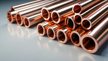 Fototapeta premium Metal copper pipes of different diameters industrial background close-up