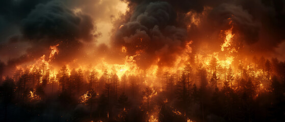A destructive forest fire blazing through a wooded area, with thick smoke rising
