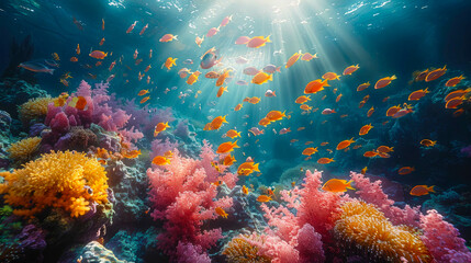 Beautiful underwater world with corals and tropical fish in the coral reef