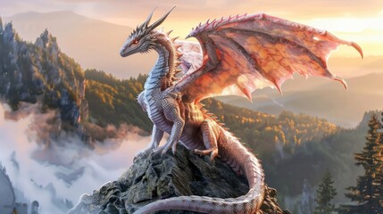 dragon perched atop a misty mountain, scales shimmering in the sunrise light, intricate details on its wings realistic