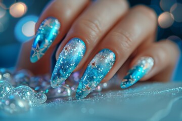 Turquoise manicure with a marine theme.