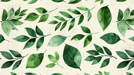Seamless Botanical Pattern Featuring Various Green Leaves on a Light Background. Perfect for Nature-Inspired Designs, Wallpapers, Textiles, and Eco-Friendly Decorative Art Projects