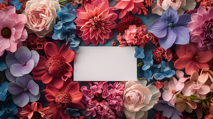 Flower petals in white card amidst colorful blooms on blue backdrop