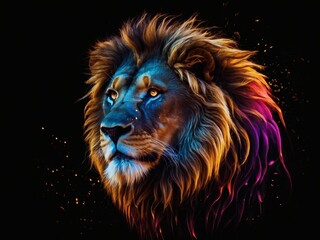 Abstract lion head, Multicolored flames dance in the outline of the majestic creature against black.