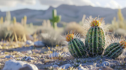 Desert Landscape with Cacti and Mountain Backdrop