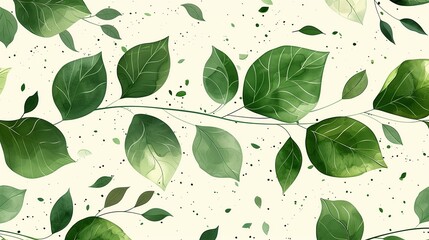 Seamless Botanical Pattern Featuring Various Green Leaves on a Light Background. Perfect for Nature-Inspired Designs, Wallpapers, Textiles, and Eco-Friendly Decorative Art Projects