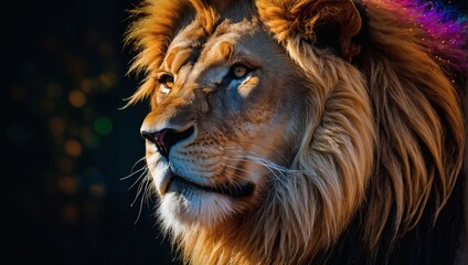 Abstract lion profile, A majestic mane ablaze in a spectrum of colors against a dark backdrop.