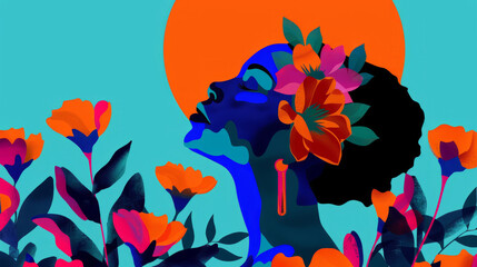 An illustration in vivid and motley colors of an African woman among flowers