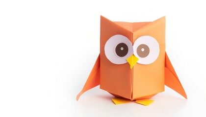 Animal concept origami isolated on white background of a cute and adorable owl with big eyes, with copy space side, simple starter craft for kids
