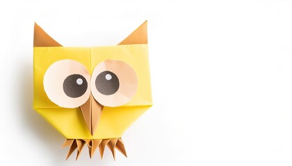 Animal concept origami isolated on white background of a cute and adorable owl with big eyes, with copy space side, simple starter craft for kids