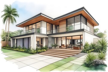 Fototapeta premium A chic Aussie home, harmonizing sleek design with tropical vibes. Featuring airy spaces, sustainable elements, lush surroundings, and seamless indoor-outdoor flow.