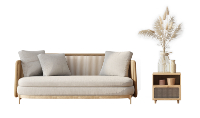 Rattan sofa with side table isolated PNG