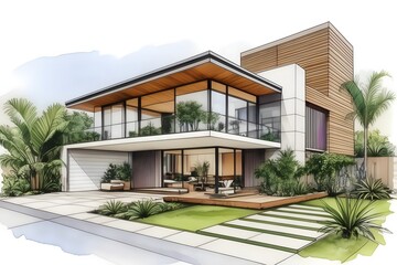Fototapeta premium A chic Aussie home, harmonizing sleek design with tropical vibes. Featuring airy spaces, sustainable elements, lush surroundings, and seamless indoor-outdoor flow.