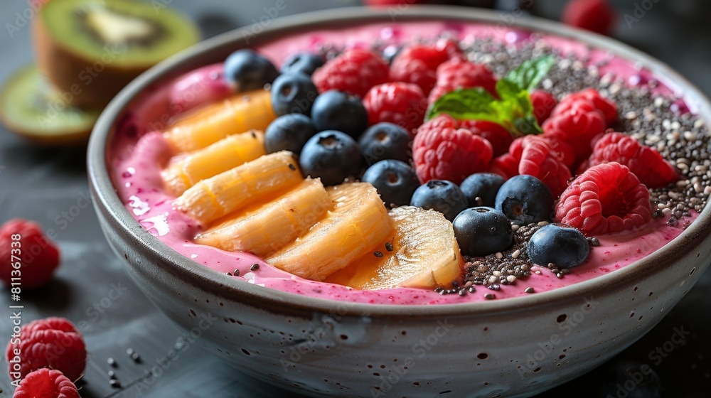 Poster healthy breakfast options, vibrant smoothie bowl with fresh fruits and nuts is perfect for a healthy and tasty breakfast option