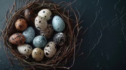 Easter eggs in a nest with bird eggs on a black background, viewed from above. realistic