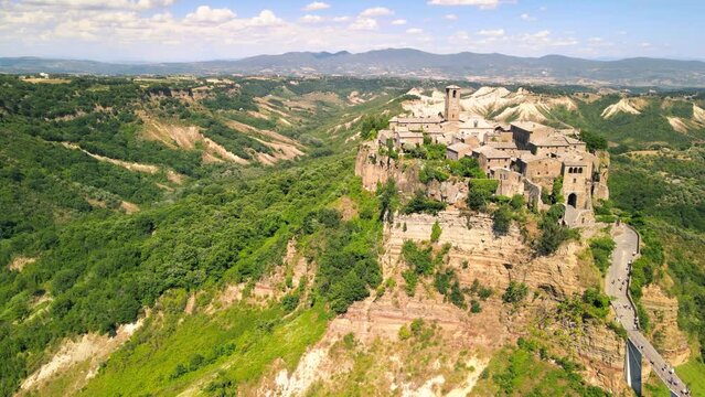 Aerial panoramic view of Civita di Bagnoregio, Italy