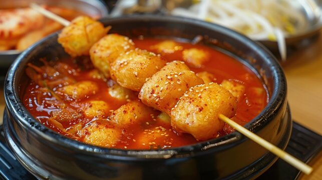 Odeng, Korean fish cake skewer in Korean spicy soup . Generative Ai