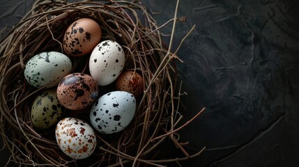 Easter eggs in a nest with bird eggs on a black background, viewed from above. realistic