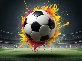 Big soccerball splash in a Football Stadium, Generative Ai