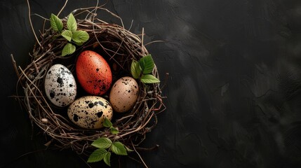 Easter eggs in a nest with bird eggs on a black background, viewed from above. realistic