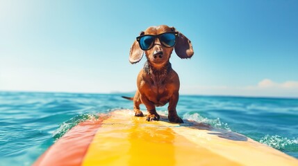 Adventurous Dachshund Dog Surfing in the Ocean