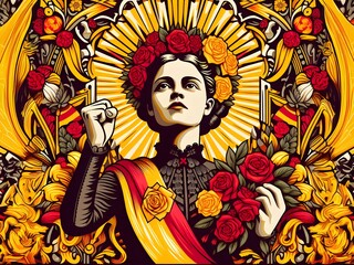 Modernist poster of revolutionary woman in yellow and red tones