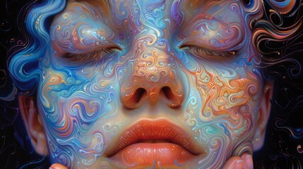 A woman with colorful swirls on her face and hands, AI