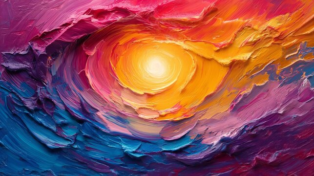 Vibrant Abstract Painting With Thick, Textured Brushstrokes in Shades of Blue, Purple, Orange, Yellow, and Pink, Swirling Around a Central Point of Bright White Light