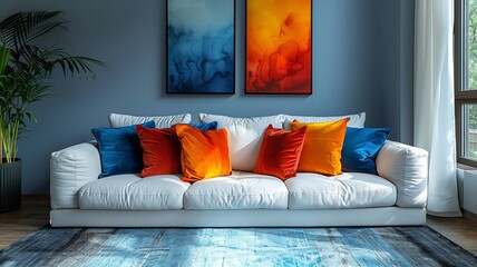 A White Couch With Blue and Orange Pillows Sits in Front of a Blue Wall With Two Abstract Paintings