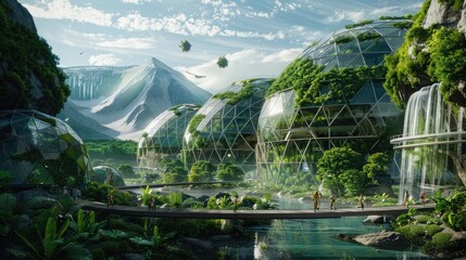 Eco-friendly green dome, covered in lush vegetation, set in a sustainable city of the future, people and green energy sources visible realistic