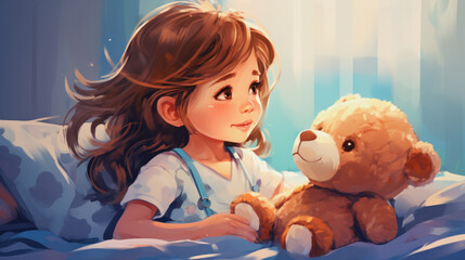ai generative, illustration of a girl in a bed with a teddybear
