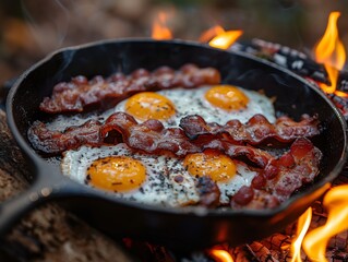 Campsite Breakfast with Bacon and Eggs Cooked Over an Open Fire in a Cast Iron Pan