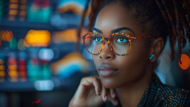 Young African-American Woman Analyzing Data in a World of Light