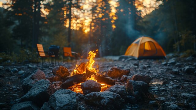 Camping Site with Tent, Chair, and Campfire at Sunset