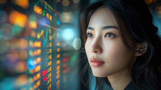 Young Woman Analyzing Data in Front of Walls of Light