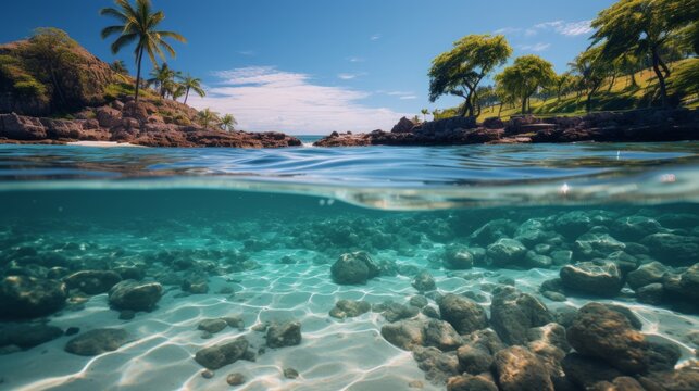 View of a Tropical Island Bay from Half Below the Water and Half Above the Water