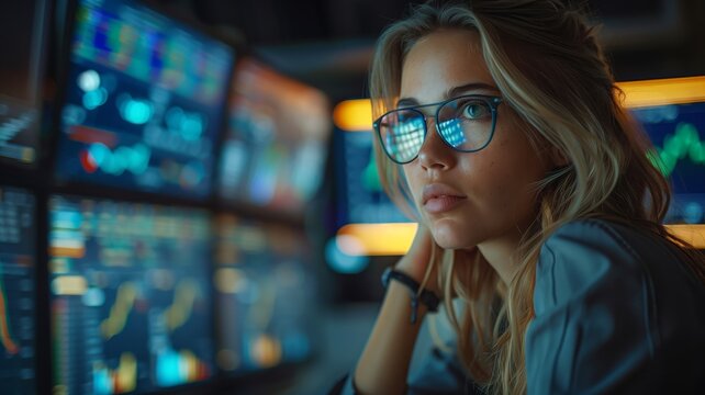 Young Woman Analyzing Data in Front of Walls of Light