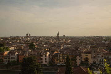 Sunset over the town in Verona, Veneto region, Italy. Beautiful view of the Italian city from...