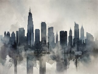 Architectural Impressions, Double Exposure Watercolor of Urban Skyline in Grayish Smog