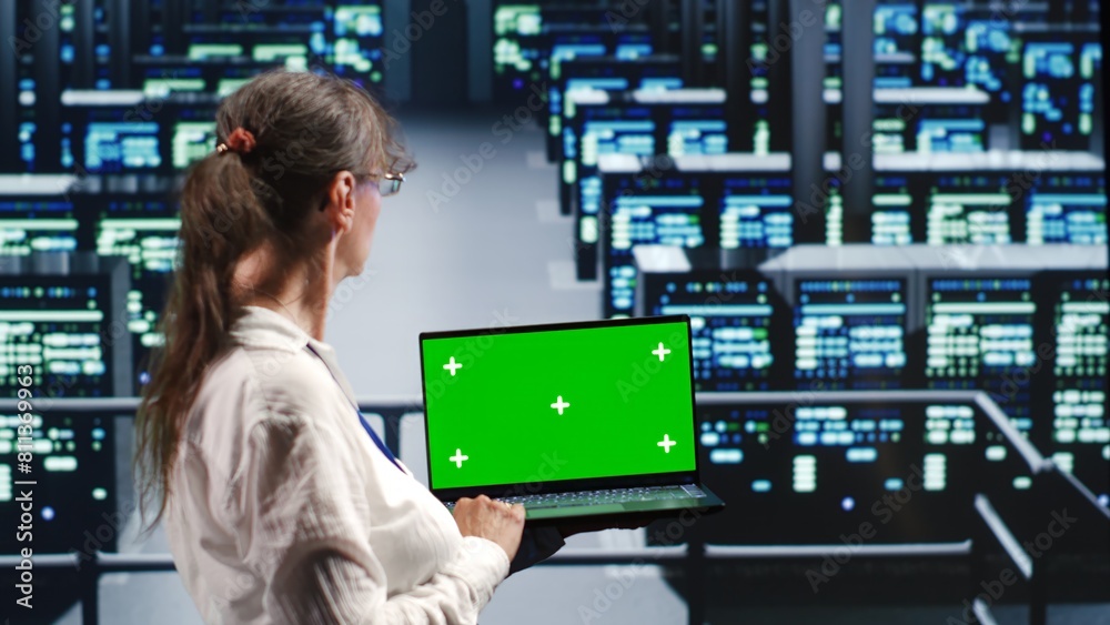 Poster older worker in server farm equipped to handle modern computing requirements, doing regular upgrades