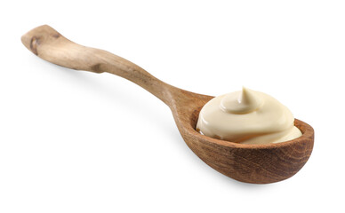 Natural yogurt in wooden spoon isolated on white