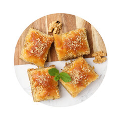 Eastern sweets. Pieces of tasty baklava isolated on white, top view