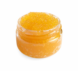 Fresh pike caviar in glass jar isolated on white