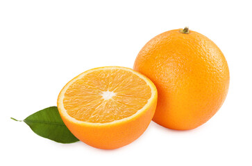 Whole and cut ripe oranges isolated on white