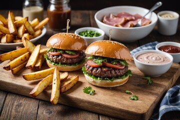 Gourmet Tasty Steak Burgers with Ham Slices on a Wooden Tray with Potato Wedges and Dipping Sauce.