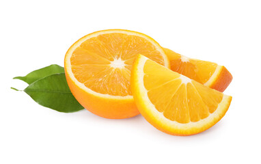 Cut fresh ripe orange and green leaves isolated on white