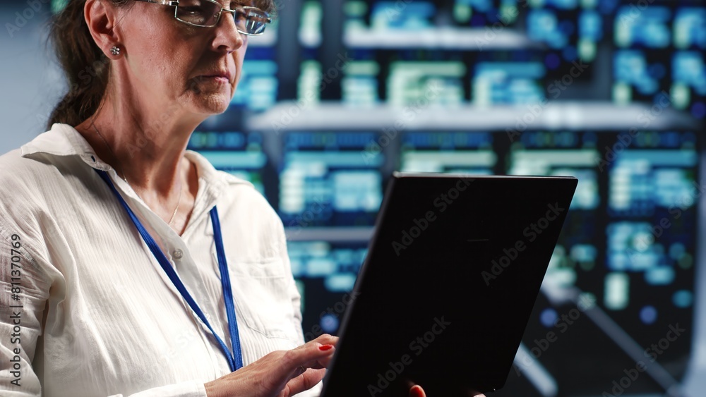 Poster senior technician in server room equipped to handle modern computing requirements, doing regular upg