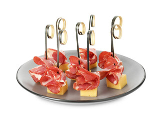 Tasty canapes with cheese and ham isolated on white