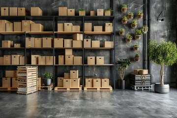 Modern Warehouse Interior with Organized Box Packaging on Shelf and Concrete Floor